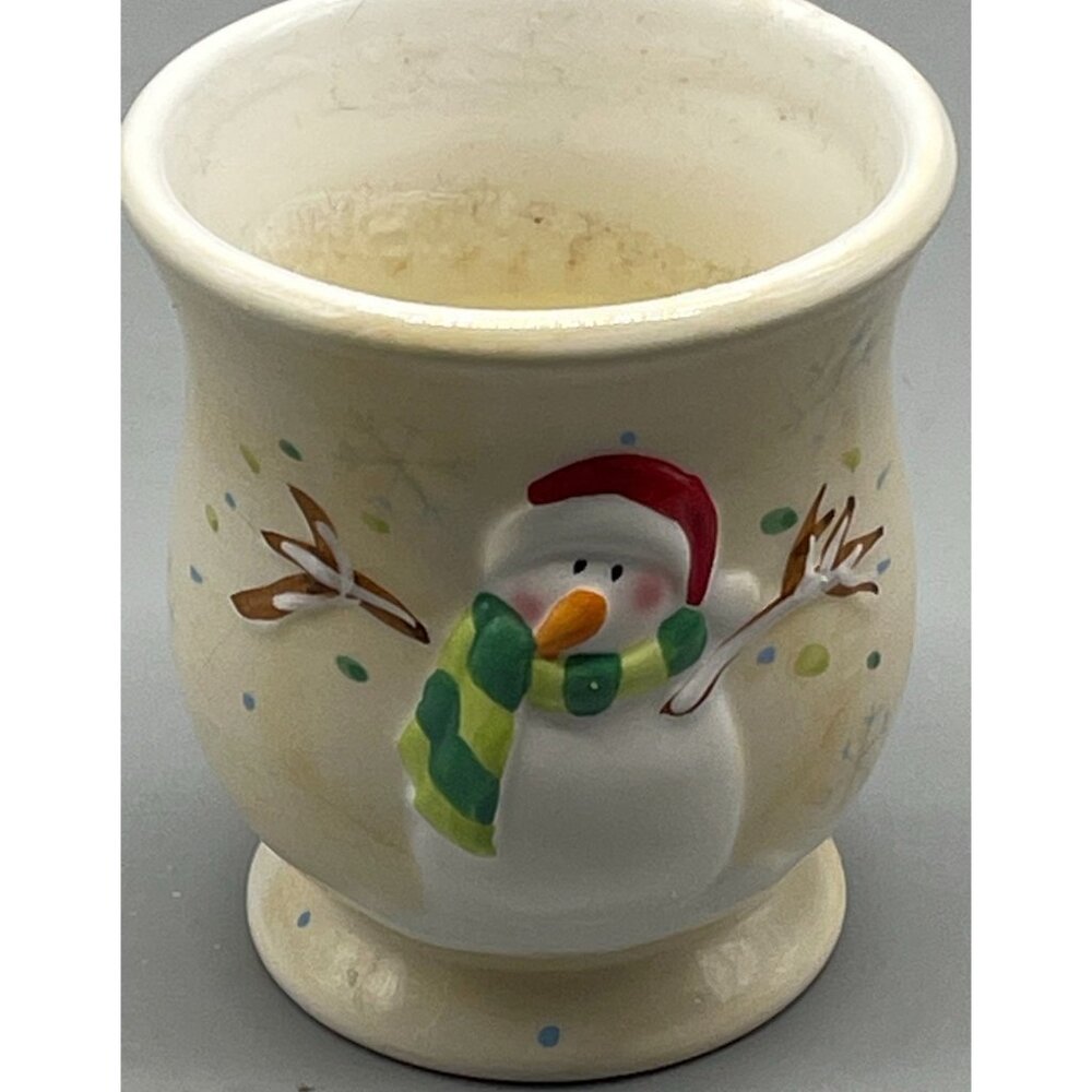 Christmas candle white with snowman in hat and scarf red ceramic holder READ